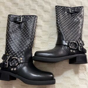 Michael Kors NEW Crosby Moto Boots Leather Sz 6 & 7.5 Black Studded Knee-High 🔥